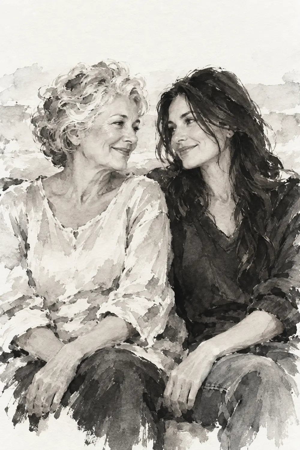 Monochrome ink wash painting of a silver-curled older woman and her long-haired adult daughter seated side by side, smiling toward one another.