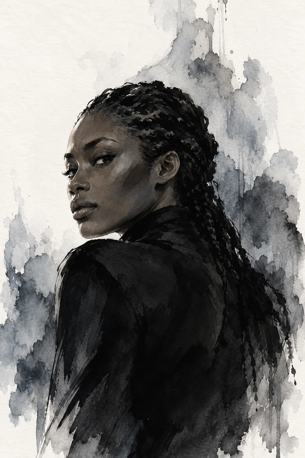 Finished monochrome ink wash painting of a braided woman in a dark high-neck garment, turned away and looking back over her shoulder amid dissolving gray washes.
