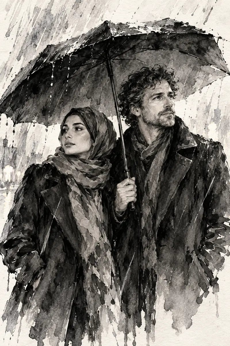 Monochrome ink wash painting of a headscarved woman and curly-haired man in coats beneath a large umbrella, with loose diagonal rain marks.