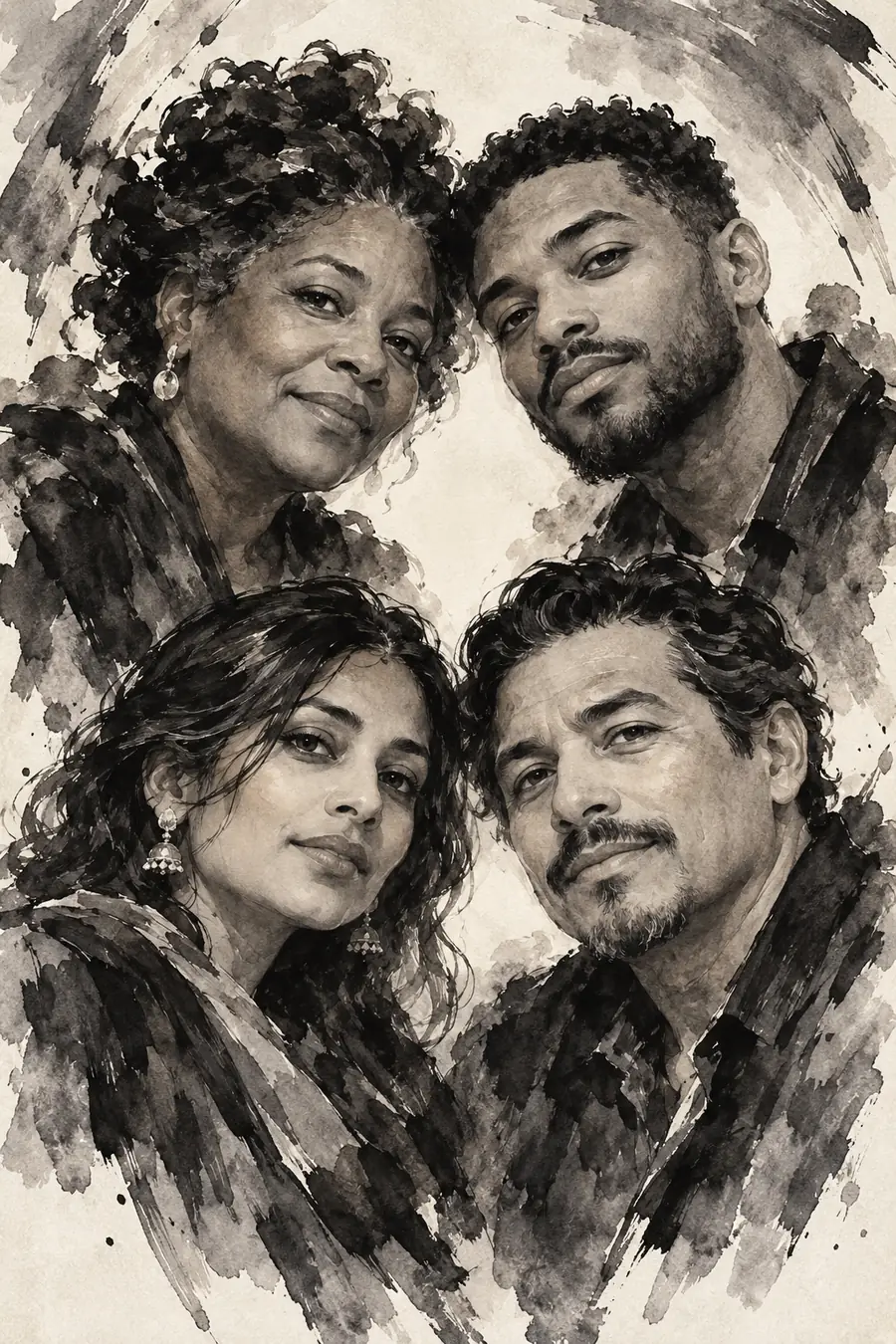 Monochrome ink wash painting of four adult relatives leaning inward around a pale open center, surrounded by expressive dark brush marks.