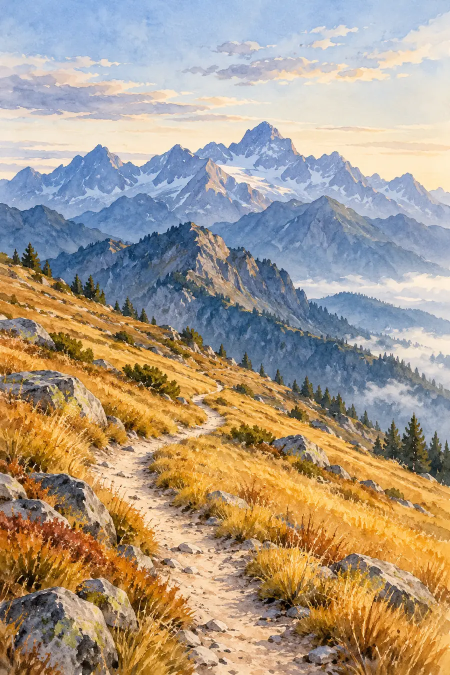 Vertical watercolor painting of a pale trail curving through golden alpine grasses and gray stones toward layered blue peaks beneath a softly clouded sky.