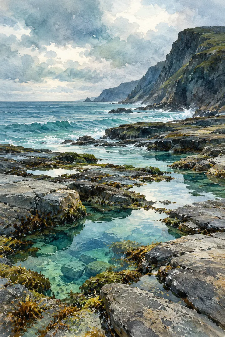 Vertical watercolor coastal scenery with a dark headland on the right, blue-green sea, and reflective tide pools winding among slate rocks.
