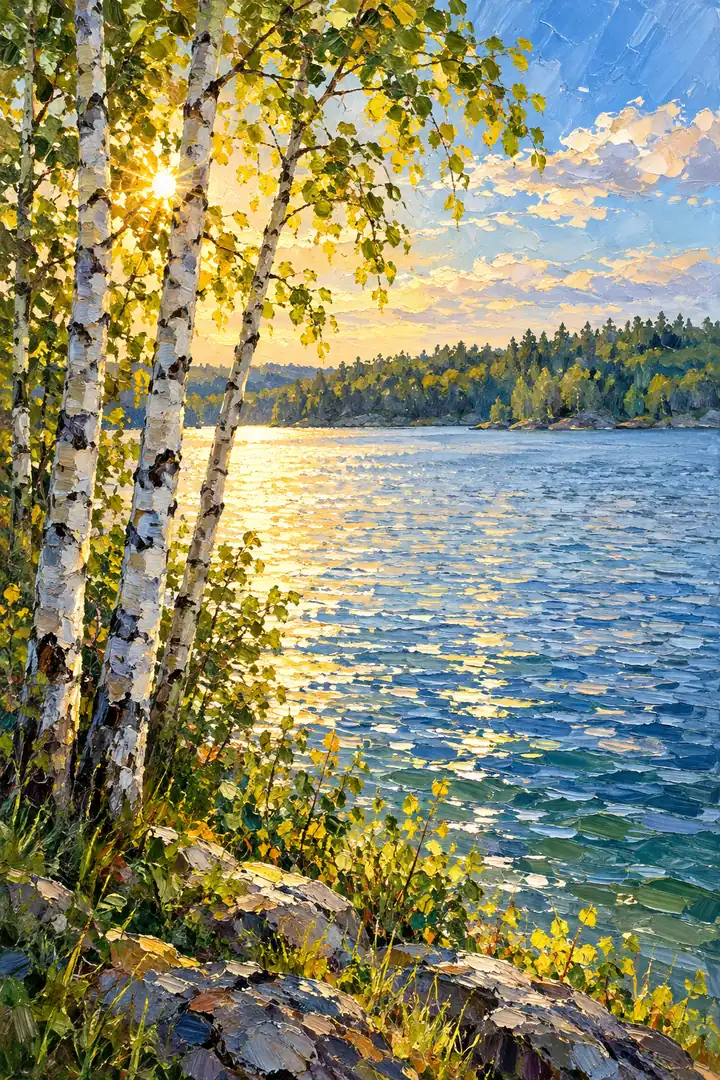 Vertical impressionist painting of three birch trunks beside a blue lake, with gold sunlight sparkling on the water, a wooded far shore, and rocky foliage in the foreground.