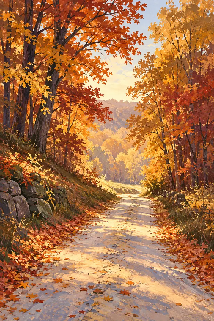 Vertical gouache landscape painting of a pale autumn lane winding between russet and golden trees toward a bright opening.