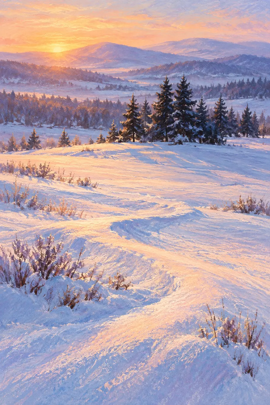 Vertical pastel painting of a snowfield with a curving drift, dark evergreen trees, layered hazy hills, and a peach winter sunrise.