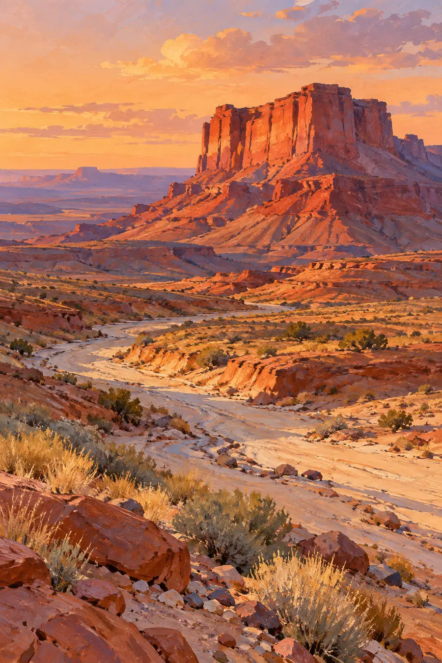Vertical acrylic-style painting of a sunlit red mesa above a pale winding desert wash, with foreground grasses and stones beneath an apricot sky.