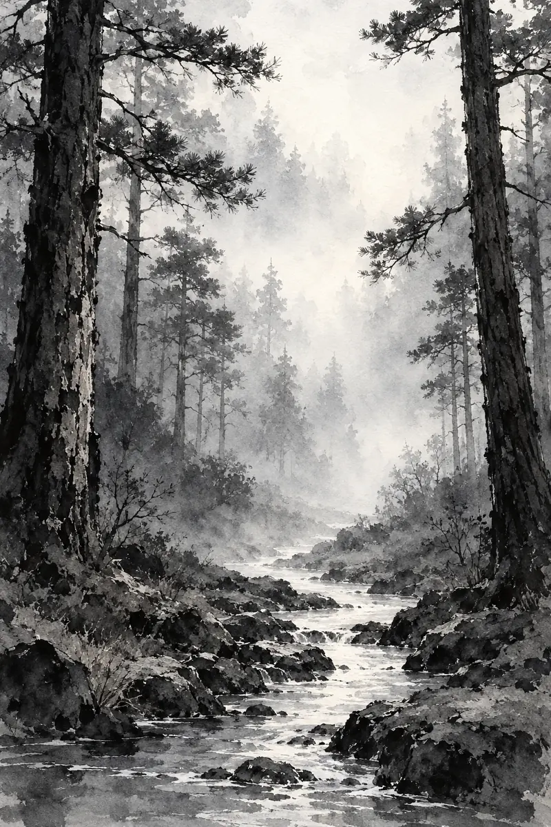 Vertical charcoal ink wash painting of a misty pine forest, framed by dark foreground trunks with a pale stream winding between fading trees.