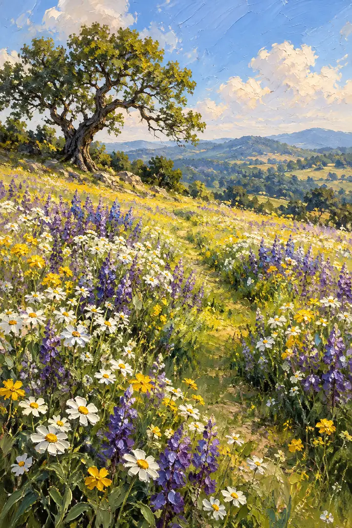Vertical oil painting of a wildflower meadow, where a grassy path leads toward a crooked oak beside a distant ridge beneath a blue, clouded sky.