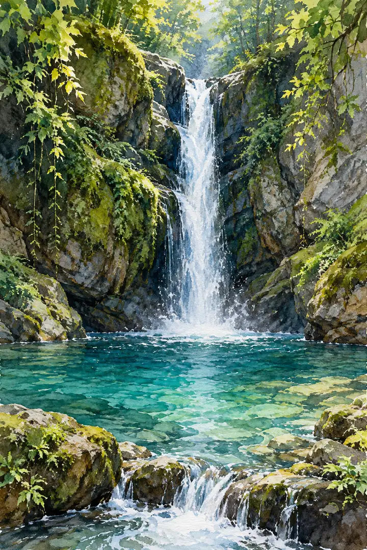 Vertical watercolor landscape of a narrow waterfall descending between dark, mossy rocks into a turquoise pool, framed by green foliage with a small foreground spillway.