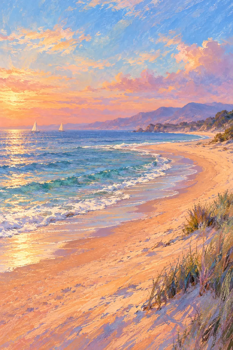 Vertical impressionist pastel painting of a crescent beach with apricot sand, foamy lavender-blue water, two distant sailboats, and a coral-and-blue late-afternoon sky.