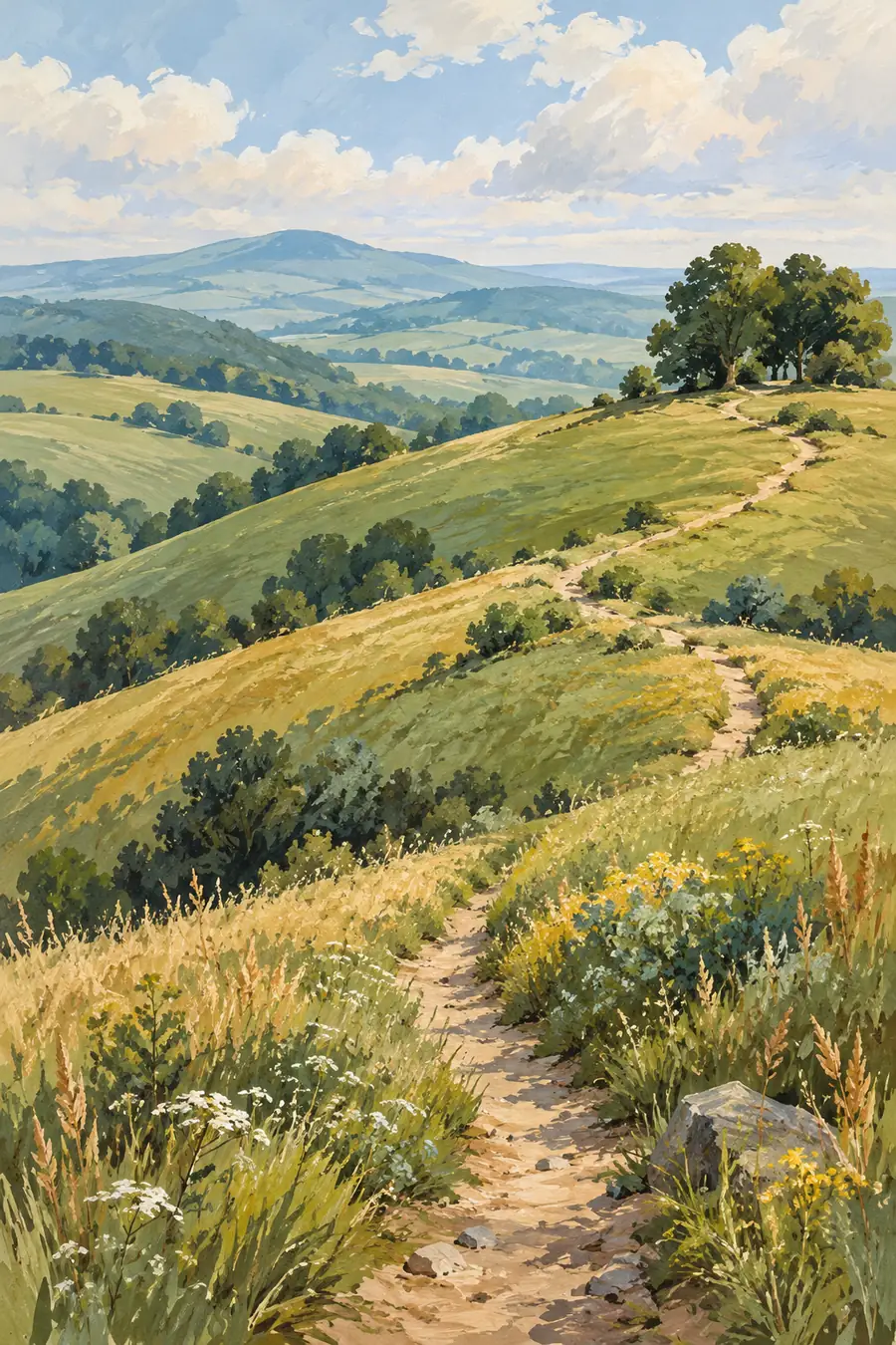 Vertical gouache painting of rolling sage and ochre hills beneath a cloudy sky, with a narrow footpath winding toward trees on a ridge.