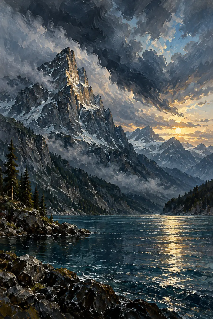 Vertical oil painting of a jagged mountain beneath sweeping storm clouds, with dusk light reflecting across a dark lake.