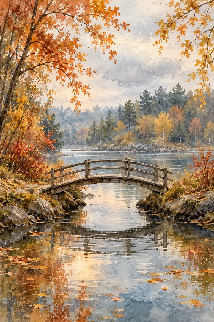Vertical watercolor painting of a small arched wooden bridge reflected in still water, framed by copper and gold autumn trees with a hazy forest beyond.