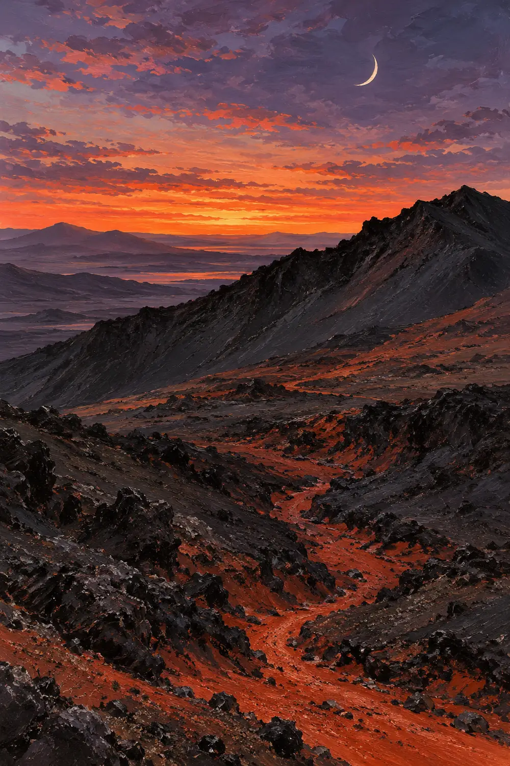 Vertical acrylic painting of a rugged black volcanic ridge above a winding rust-red ravine, beneath a coral and violet dusk sky with a crescent moon.