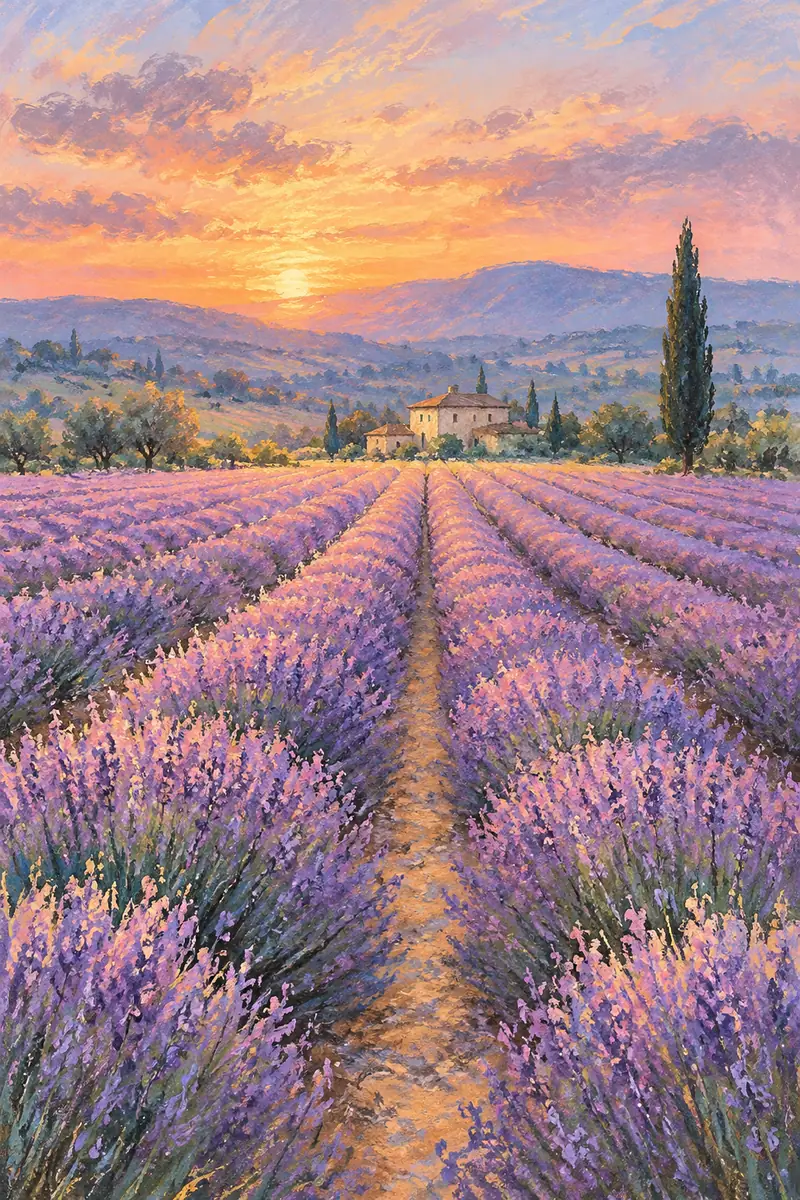 Vertical pastel painting of lavender rows converging toward a small farmhouse beneath a peach sunset, with blue hills and a cypress tree.