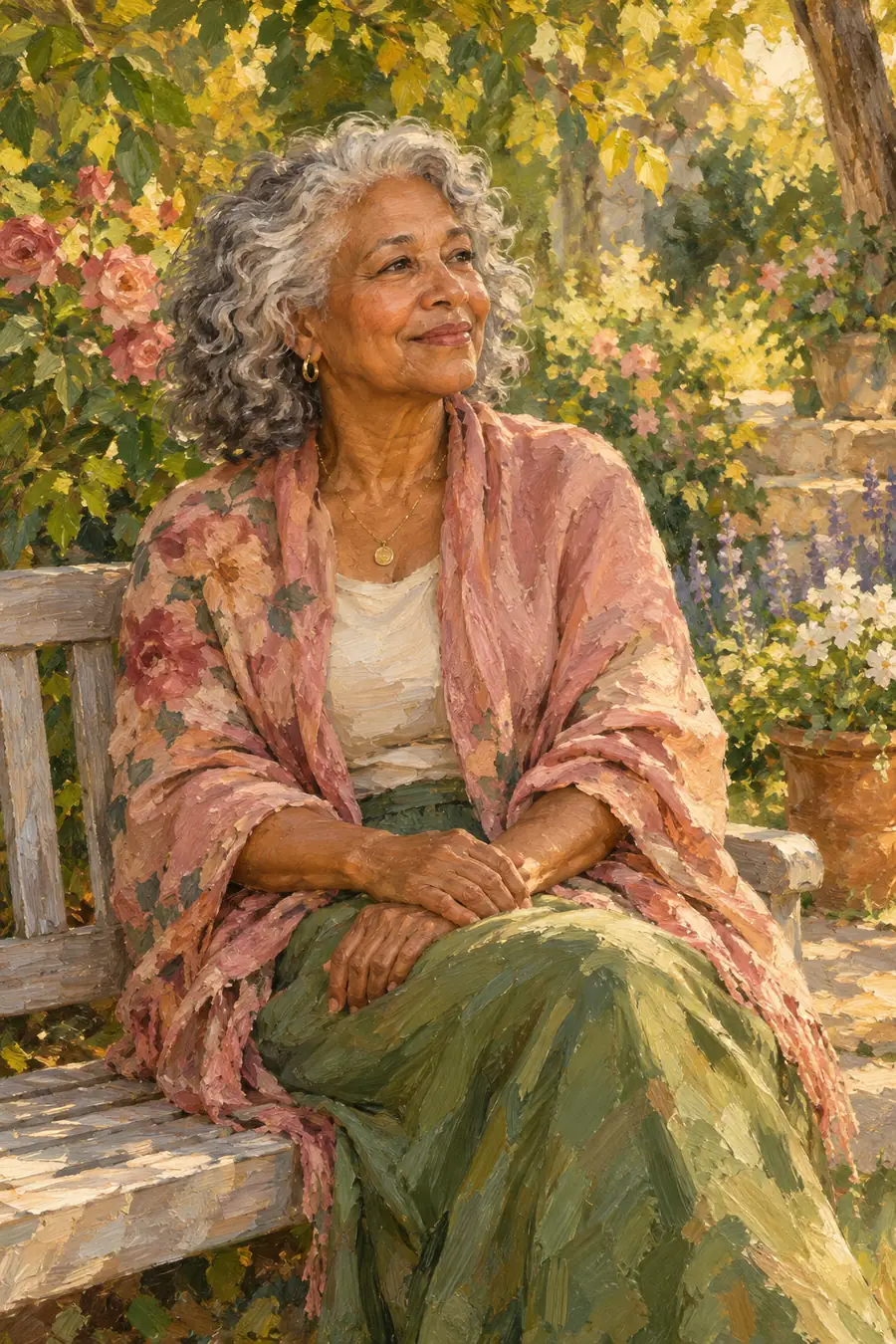 Oil painting of a silver-curled woman seated on a garden bench among softly lit foliage and muted flowers.
