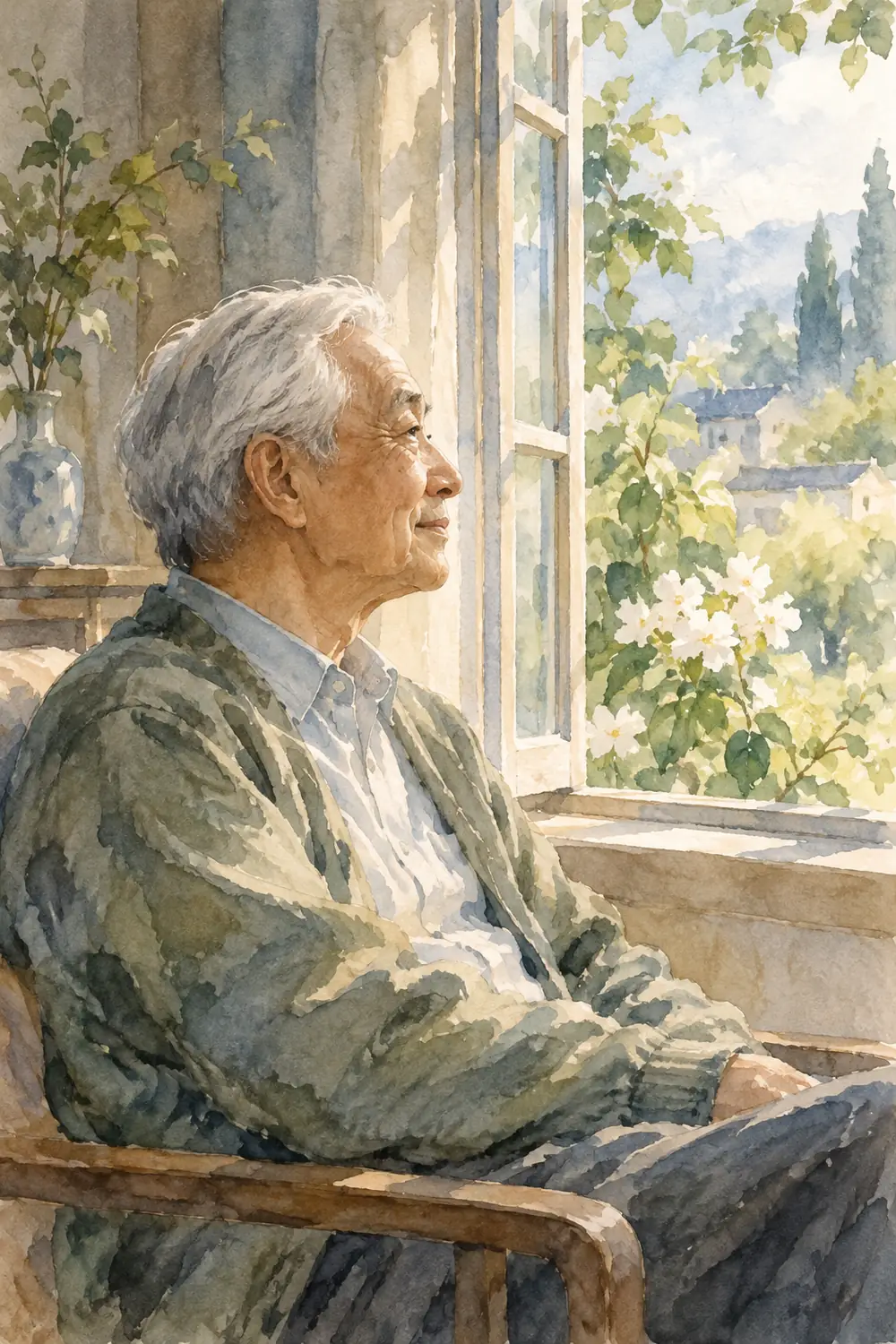 Watercolor painting of an older East Asian man with short white hair in profile beside an open window, with a softly washed garden beyond.