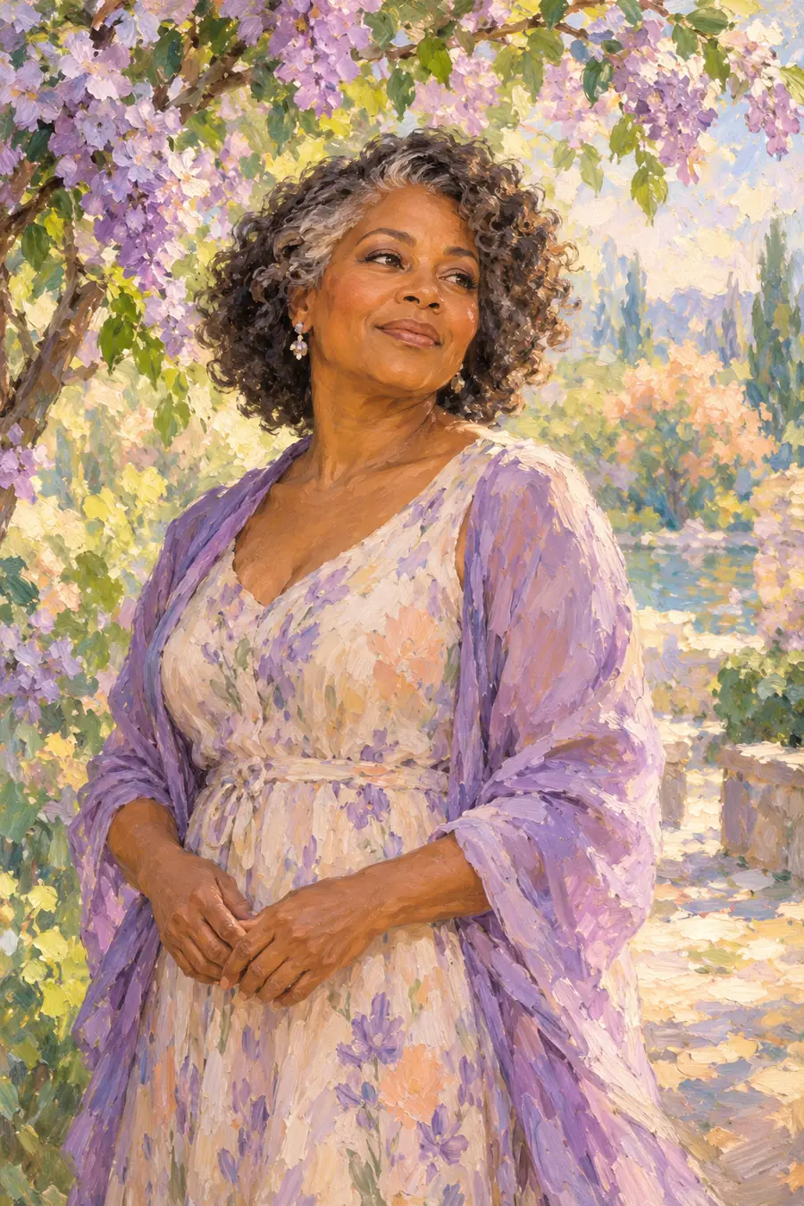 Impressionist painting of a fictional adult Black woman in her fifties, standing beneath flowering branches in dappled spring light.