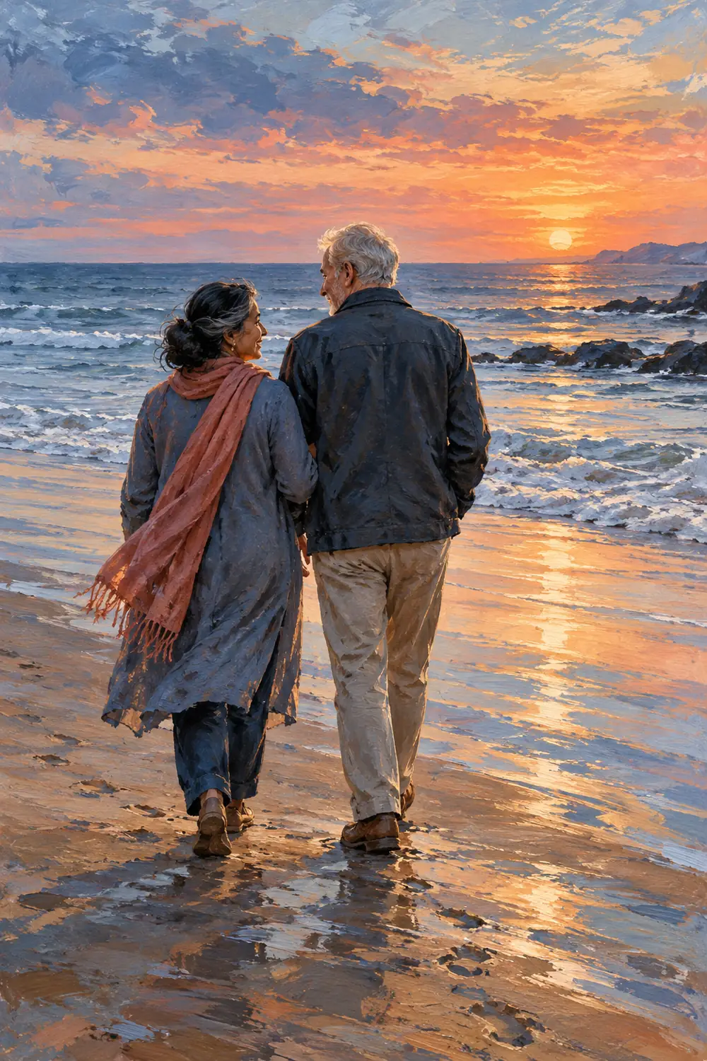 Acrylic painting of a South Asian woman and a white man walking together beside a calm shoreline at sunset.