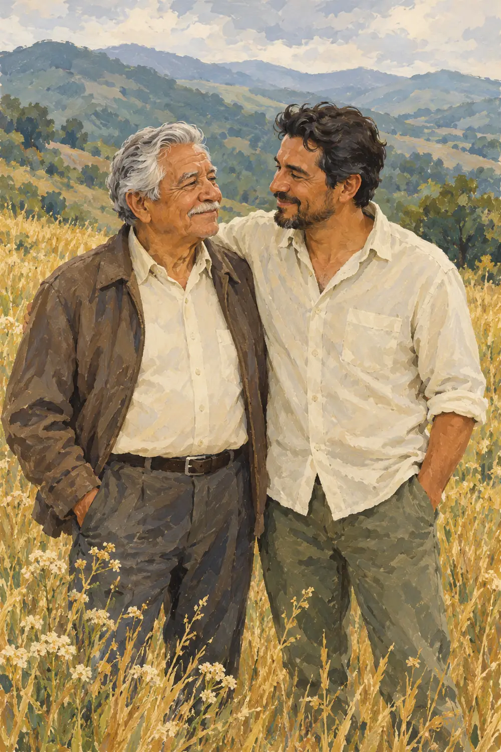 Gouache painting of a fictional older father and his adult son standing close together in a golden meadow, with muted teal hills behind them.
