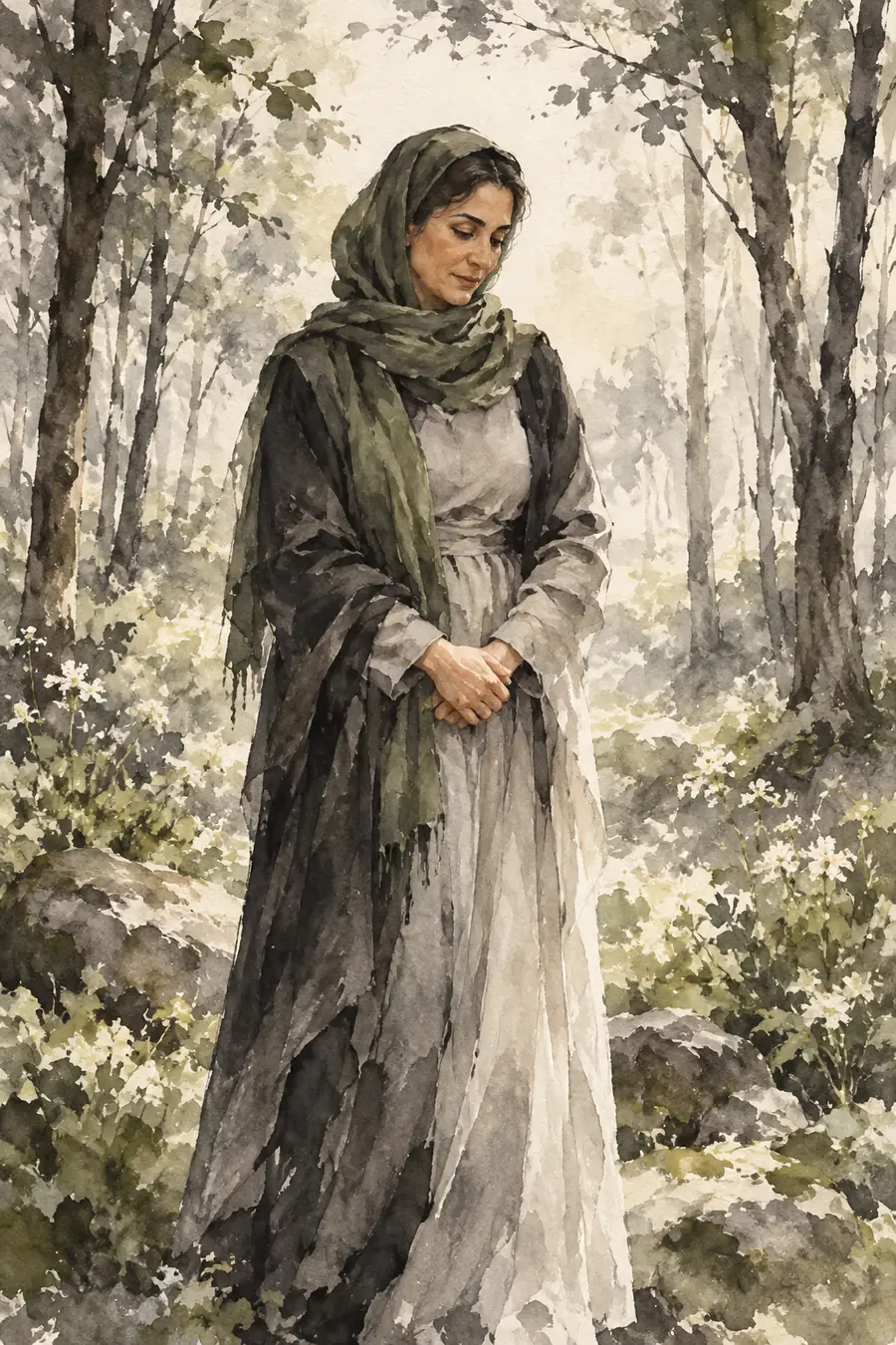 Ink wash painting of a fictional adult woman in a woodland clearing, hands clasped, with a subtle moss-green accent.