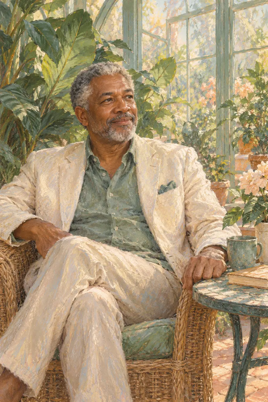 Textured pastel-style painting of a fictional older Black man seated among broad conservatory leaves, one hand resting on a small table in warm daylight.