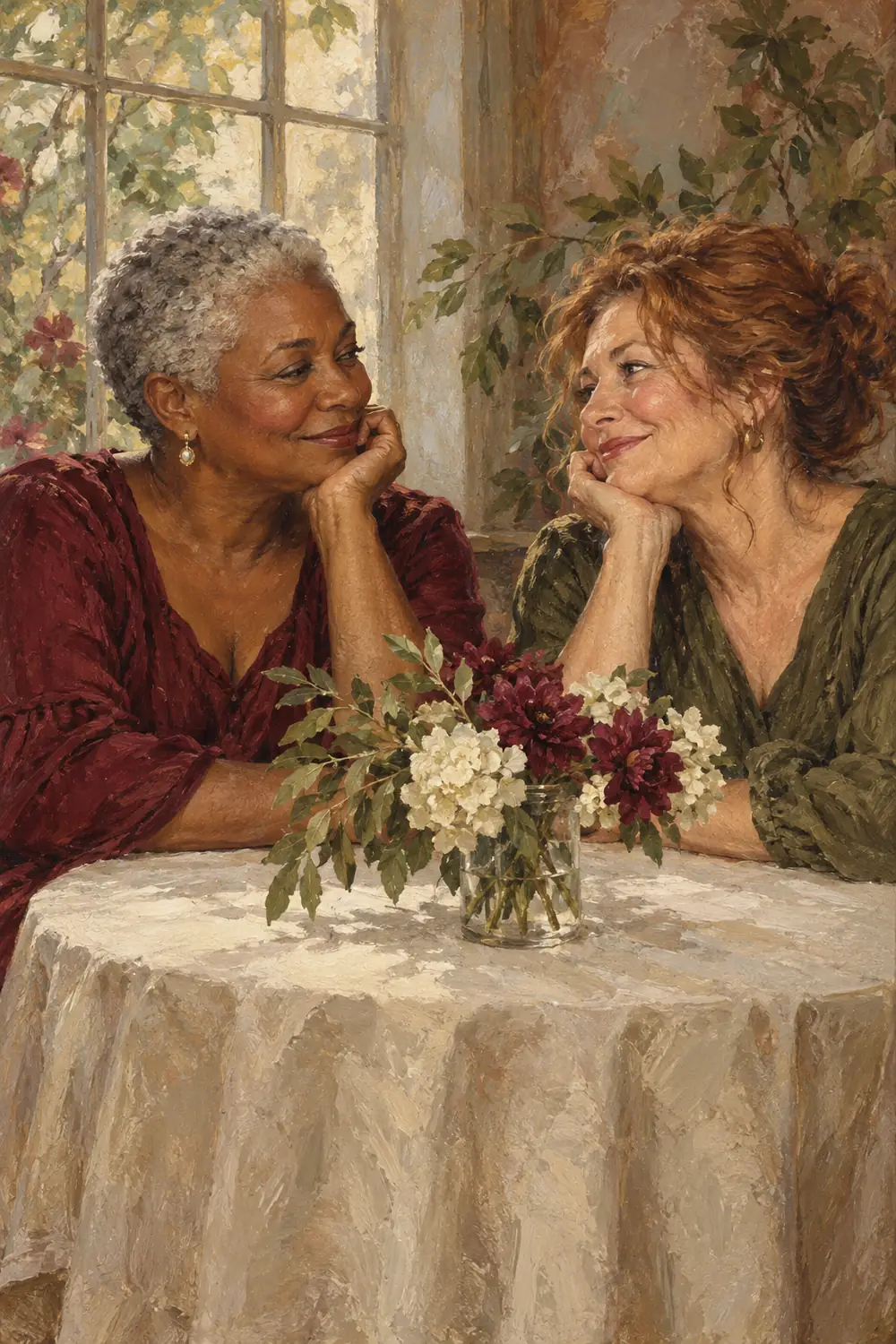 Vintage-style painting of two adult sisters, one Black with close-cropped gray hair and one white with auburn hair, seated across a flower arrangement in a softly lit botanical setting.