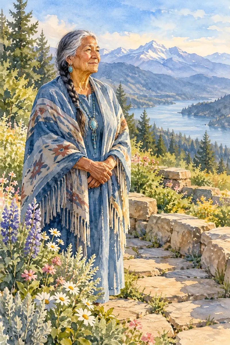 Watercolor painting of an older Indigenous woman in a blue shawl beside a flower-lined stone garden path, with a lake and mountain peaks behind her.