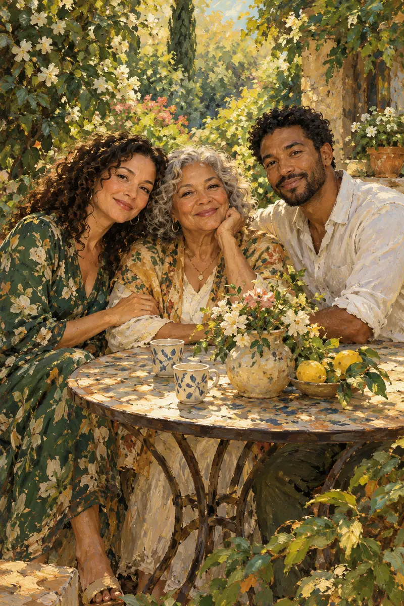 Oil painting of three fictional adult family members seated together at a flower-filled garden table beneath leafy shade.