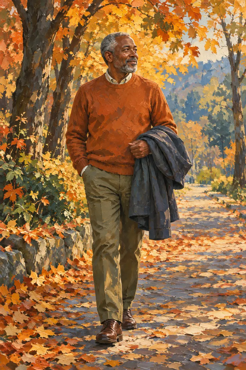 Acrylic painting of a gray-haired East African man holding a slate blue coat on a leaf-covered autumn path beneath orange trees.