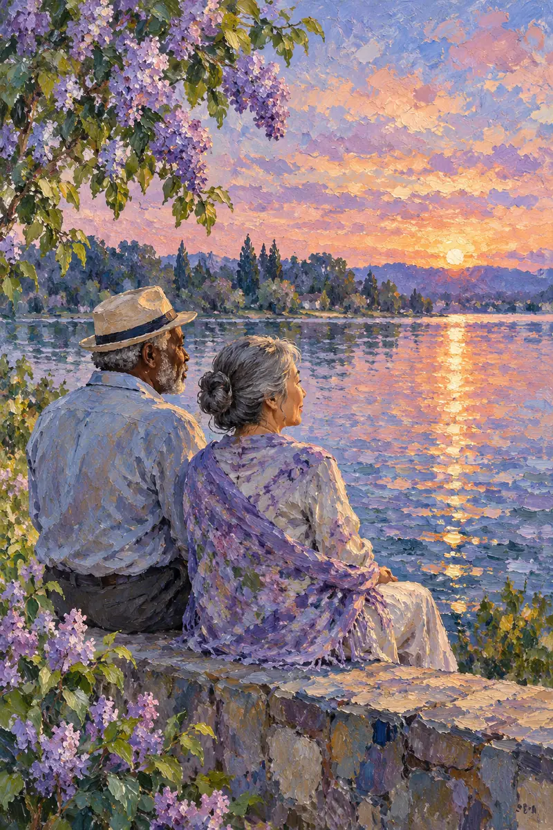 Impressionist painting of an older Japanese woman and Black man seated together on a lakeside wall, facing sunset reflections beneath flowering branches.