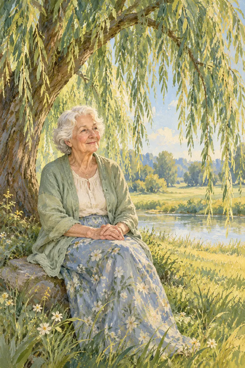 Gouache painting of a white-haired older woman seated beneath a willow tree beside a quiet river.