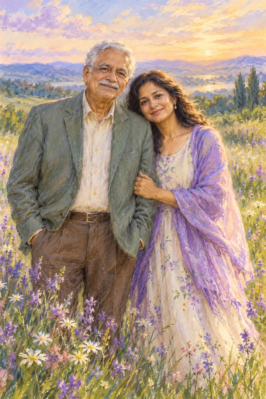 Pastel painting of a fictional South Asian father with silver hair and his adult daughter standing close together in a lavender and green wildflower meadow beneath a warm sky.