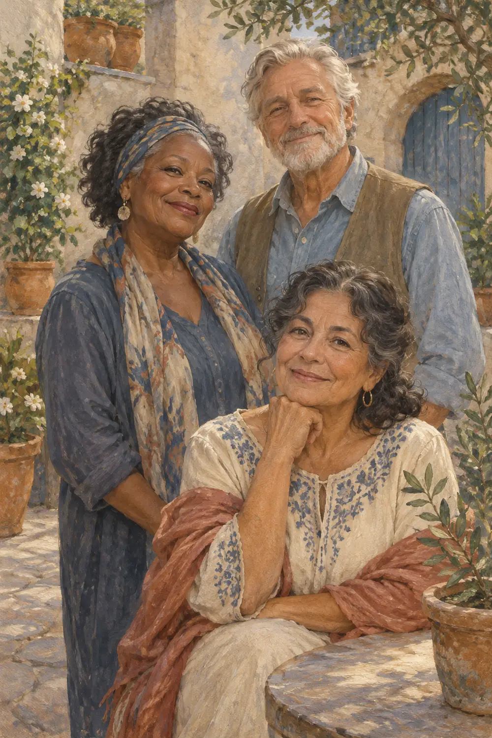 Vintage-style painting of three older adult friends in a courtyard: a Black woman and white man standing behind a seated Latina woman, surrounded by potted plants and pale stone.