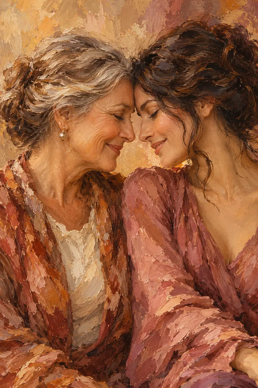 Vertical oil painting of a silver-haired adult mother and dark-haired adult daughter leaning forehead to forehead, dressed in warm rose and earth tones against an abstract ochre background.