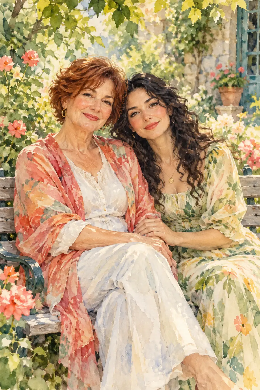 Vertical watercolor painting of an auburn-haired mother and her dark-curled adult daughter seated together on a garden bench among flowers and leafy greenery.