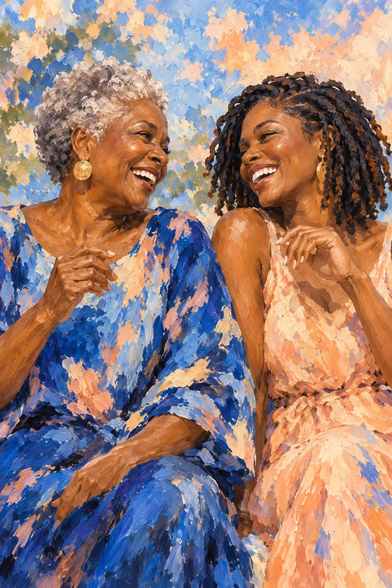 Vertical impressionist painting of two adult women laughing together, an older woman with short gray curls and a younger woman with shoulder-length twists, dressed in cobalt blue and peach.