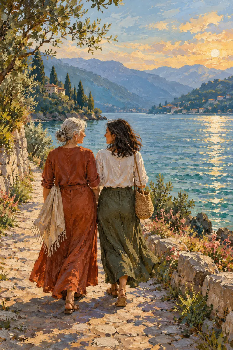 Acrylic painting of a silver-haired mother and dark-haired adult daughter walking along a lakeside path, with blue-green water, distant slate hills, and warm evening light.
