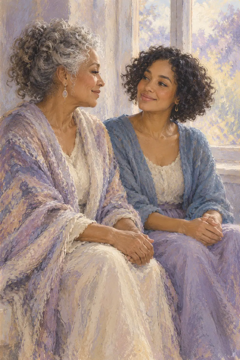 Soft pastel painting of an older mother with salt-and-pepper curls and her adult daughter seated together by a window, turned toward each other.
