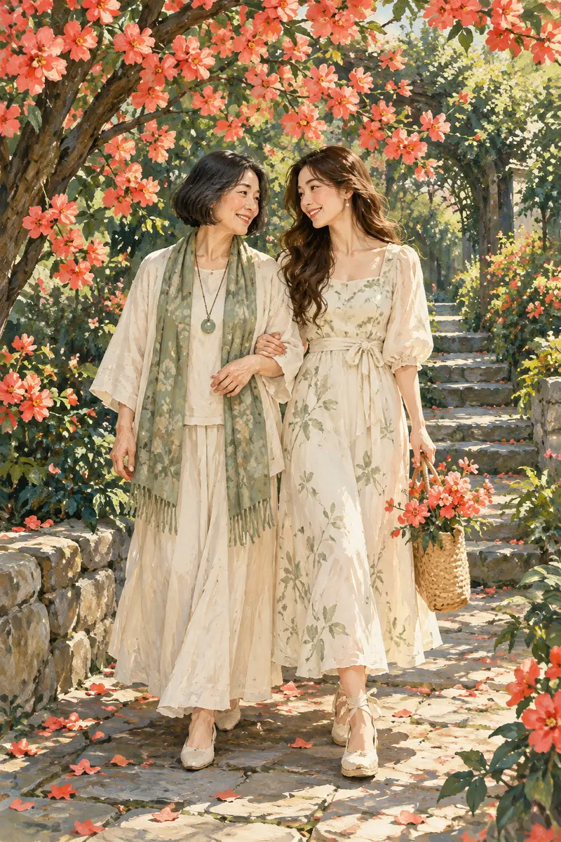 Painterly full length portrait of an East Asian mother with a dark bob and her adult daughter with long chestnut hair, standing arm in arm beneath coral blossoms on a garden path.