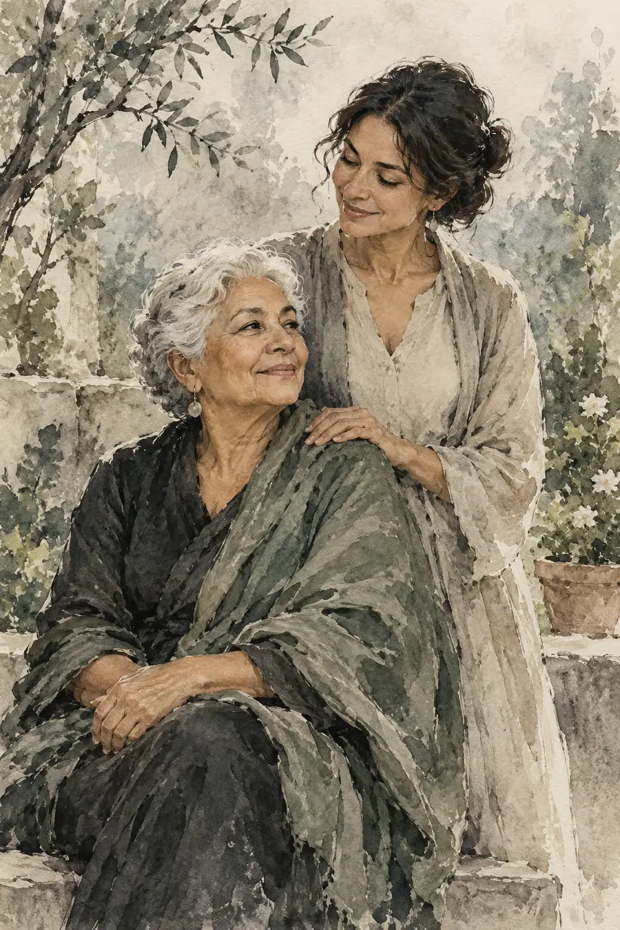 Vertical ink wash painting of a white-haired older woman seated in a garden as her dark-haired adult daughter stands behind with a hand on her shoulder.