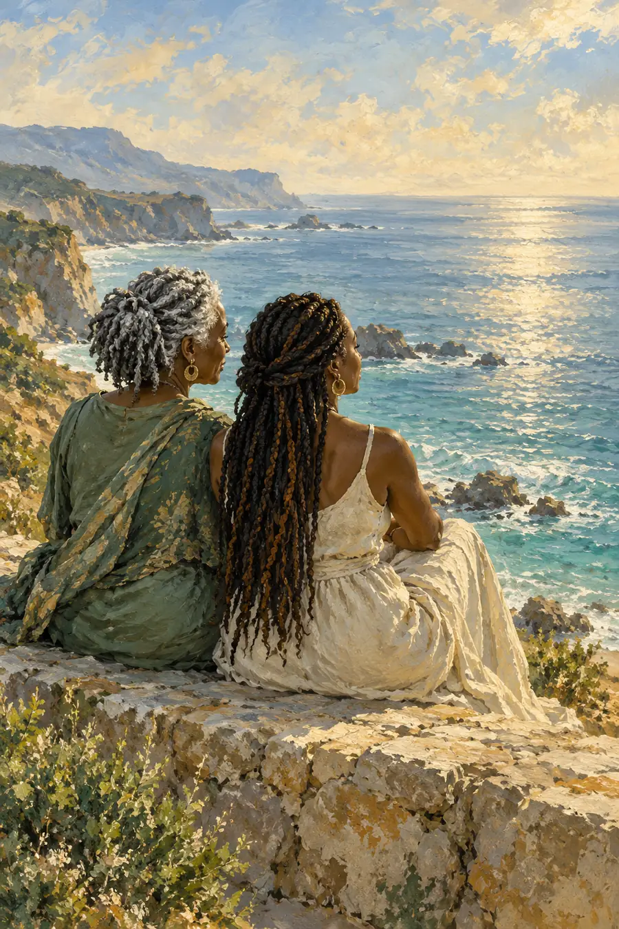 Vintage-style painting of a silver-haired adult mother and her adult daughter with long braids seated side by side on a coastal ledge, looking out at the sea.