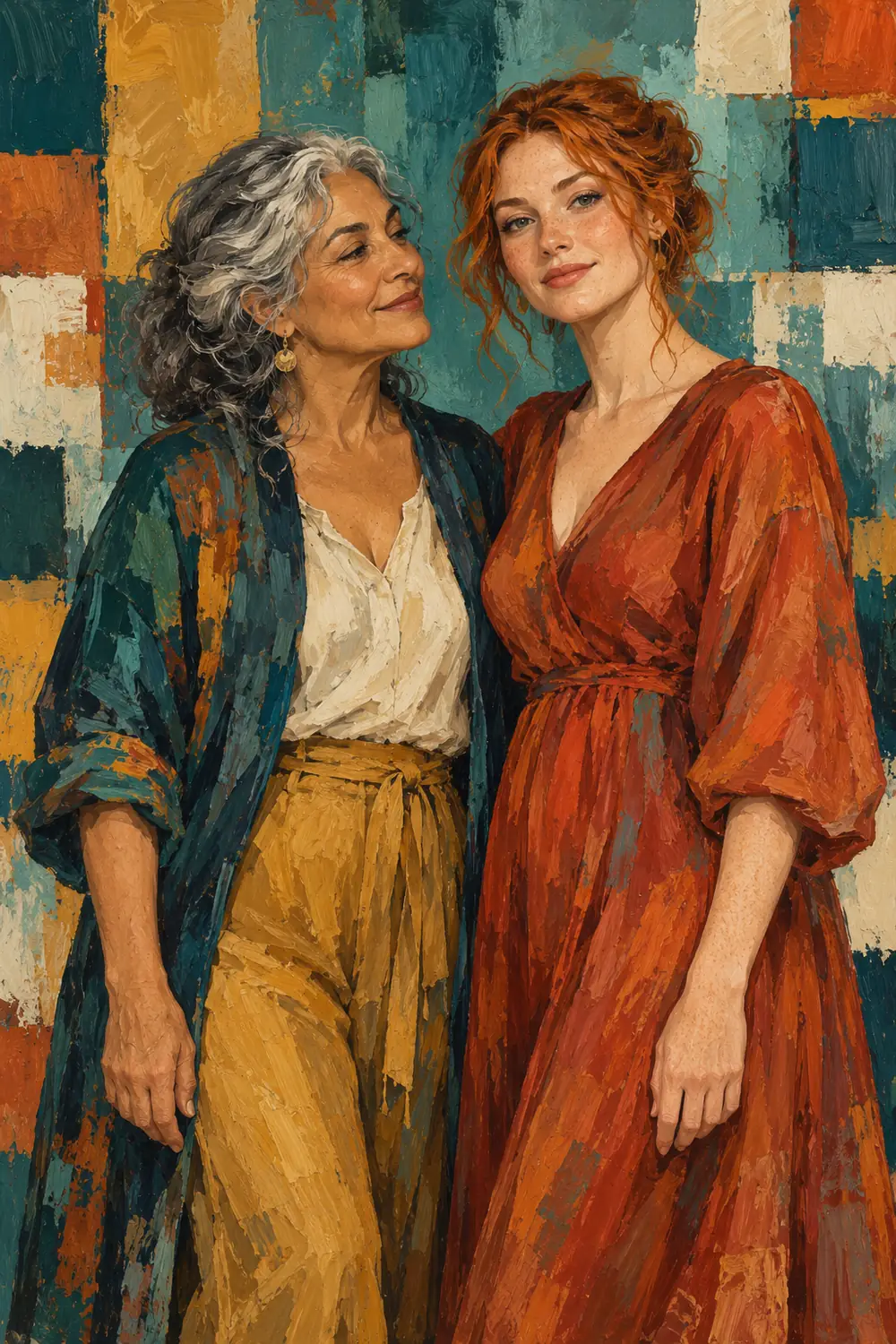 Acrylic painting of an adult mother in teal and ochre and her freckled copper-haired daughter in rust, standing together against geometric color blocks.