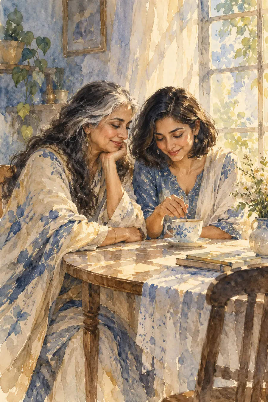 Watercolor painting of an adult mother with long salt-and-pepper hair and her adult daughter with a dark bob seated together at a table, looking toward a cup in morning window light.