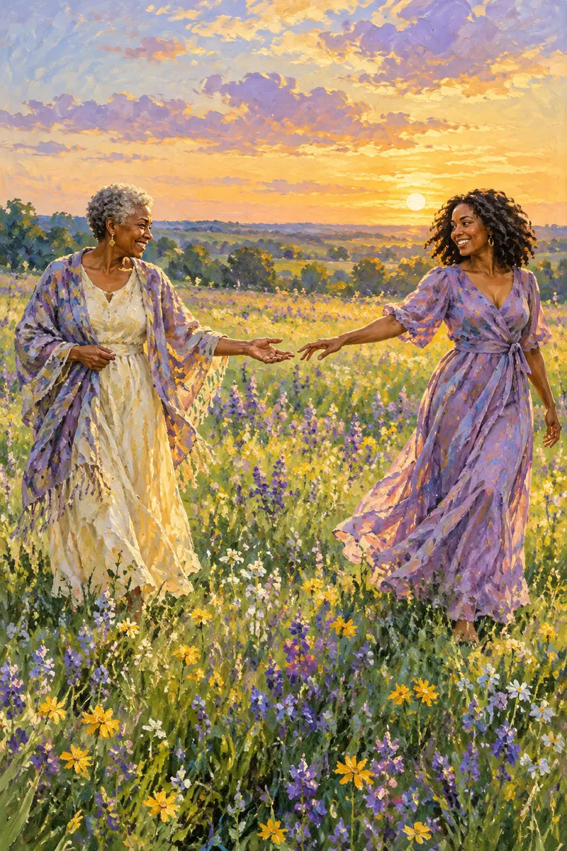 Impressionist painting of an older Black woman with short silver hair and an adult Black woman with shoulder-length coils reaching toward each other in a colorful meadow at sunset.