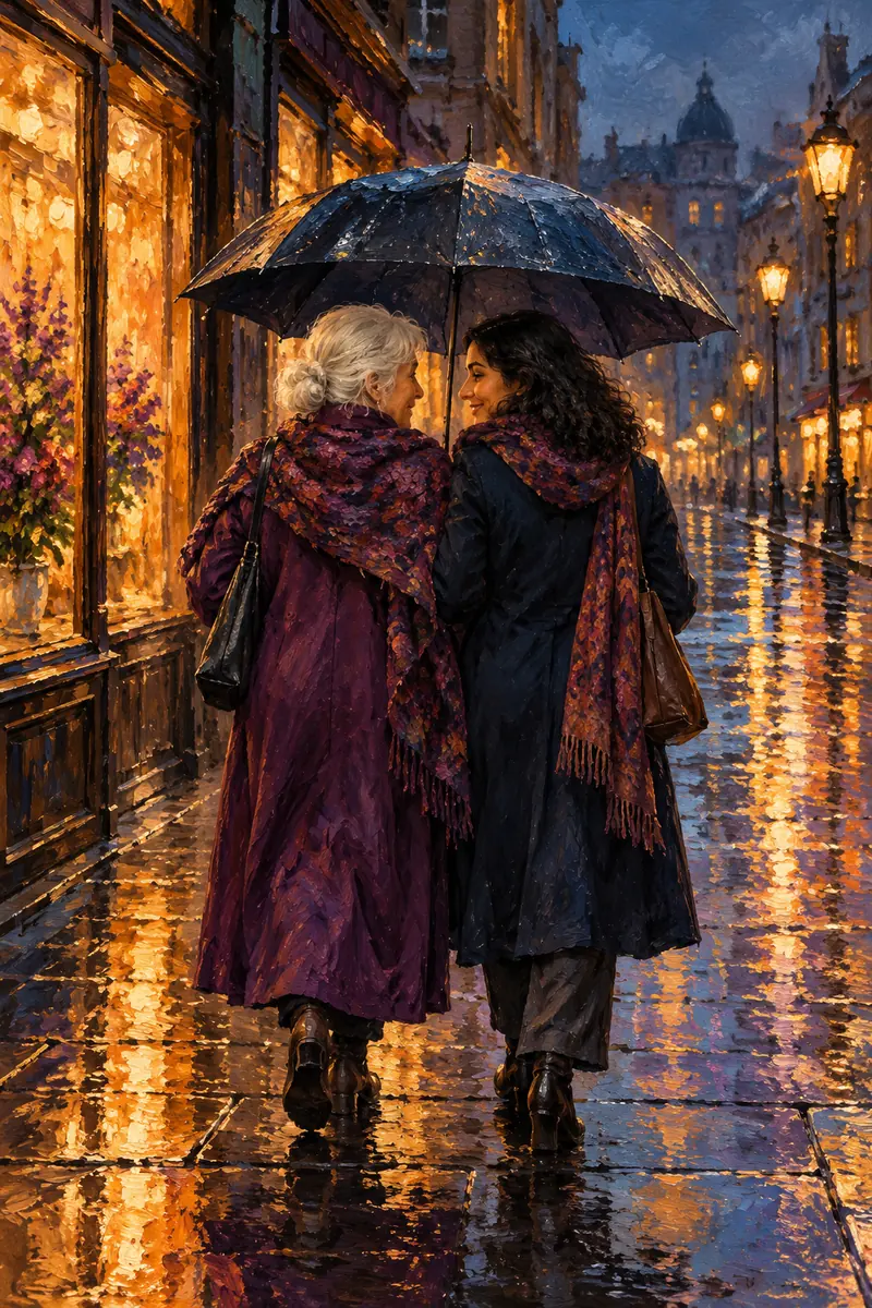 Vertical oil painting of an older white-haired mother and her adult daughter with dark curls walking together under an umbrella on a reflective, rain-soaked city street.