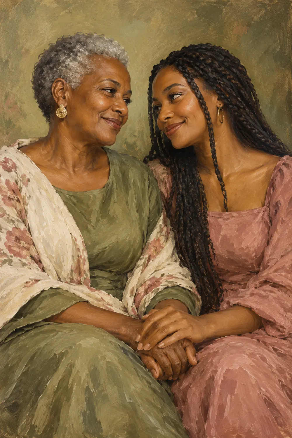 Vintage portrait painting of an adult mother with close-cropped gray hair and her adult daughter with long dark braids, seated together with their hands joined.