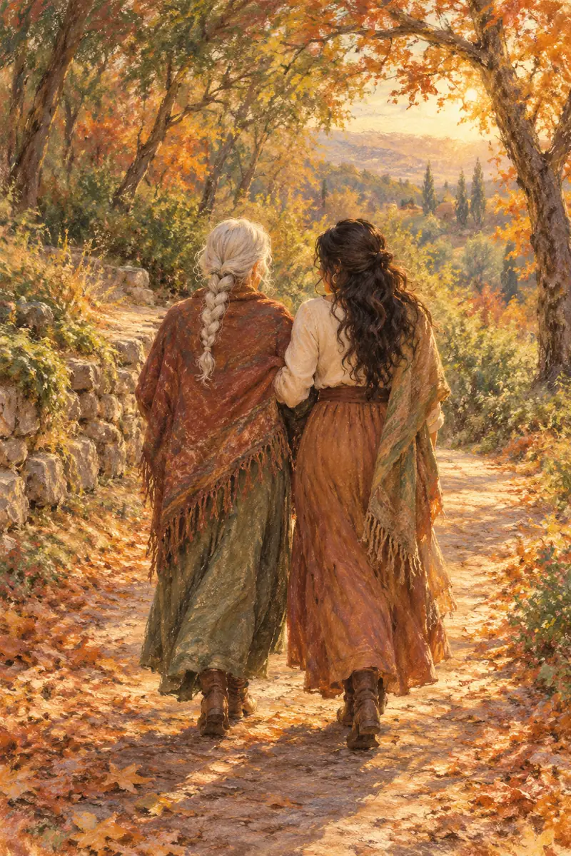 Pastel painting of a white-braided older mother and her dark-haired adult daughter walking arm in arm away along a sunlit autumn path.