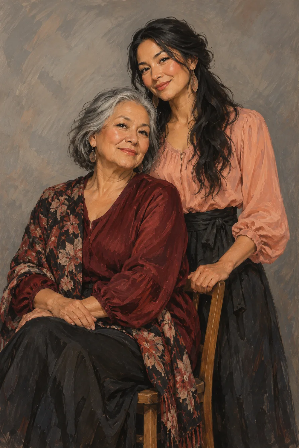 Gouache-style painting of a gray-haired mother seated on a stool beside her adult daughter with long dark hair, against a warm-gray background.