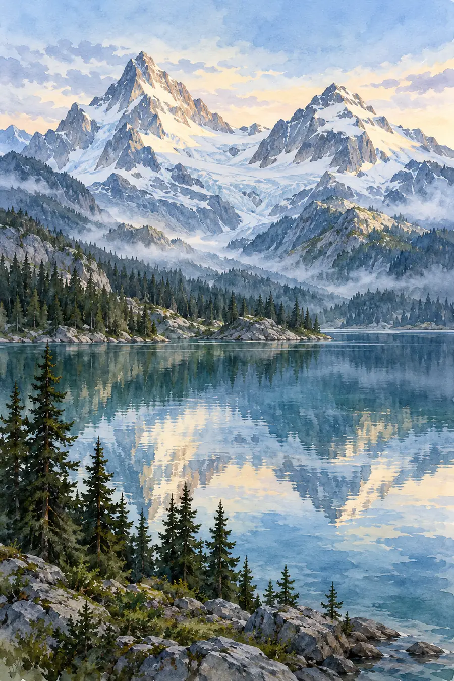 Vertical watercolor painting of two snow-covered alpine summits reflected in a still lake, framed by dark fir trees and rocky shoreline.